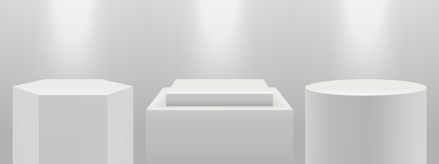 Realistic podiums. 3d pedestal in light, blank white expo stands vector set. Illustration stage podium, platform in light, pedestal blank