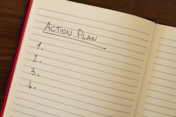 Lined notebook page with the words 'Action plan' in black ink on white paper.