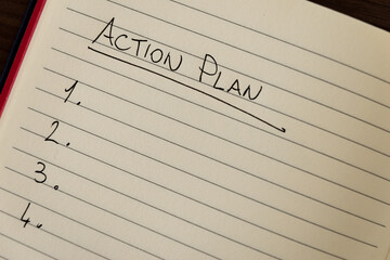 Lined notebook page with the words 'Action plan' in black ink on white paper.