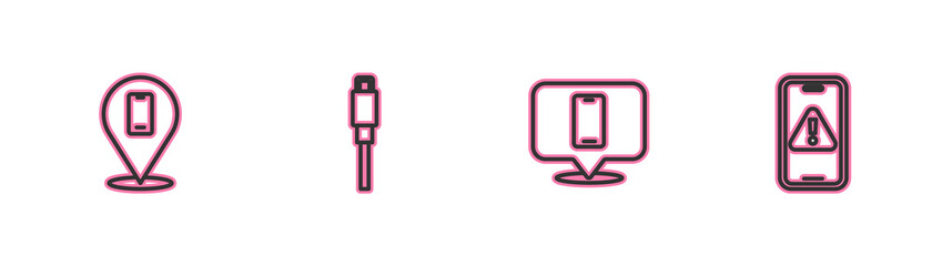 Set line Phone repair service, , USB cable cord and Mobile with exclamation mark icon. Vector.
