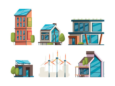 Eco buildings. Energy smart solar panels on houses modern buildings and windmills garish vector flat illustrations orthogonal views. Illustration solar energy, power smart houses