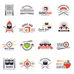 Sushi bar labels. Japan traditional seafood sushi rolls from salmon and rice recent vector illustrations for restaurant menu templates eating with chopsticks. Roll bar oriental seafood, menu label