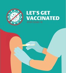 Covid-19 Vacctination Banner. Hand of medical staff injecting Covid-19 vaccine in syringe to arm muscle. Let's get vaccinated. Let's Stop Covid-19. Promotion. Encouragement. Vector Illustration