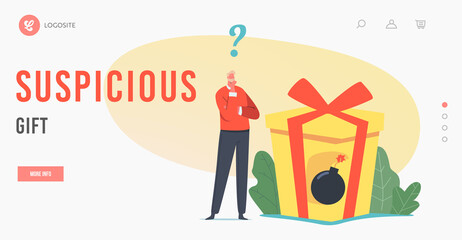 Suspicious Gift Landing Page Template. Businessman Character Stand at Gift Box with Hidden Burning Bomb inside