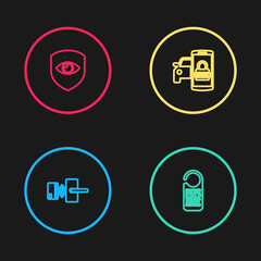 Set line Digital door lock with wireless, Please not disturb, Smart car security system and Shield and eye icon. Vector.