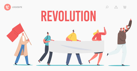 Protesting People with Placards and Signboard on Revolution Strike or Demonstration Landing Page Template. Protest, Riot