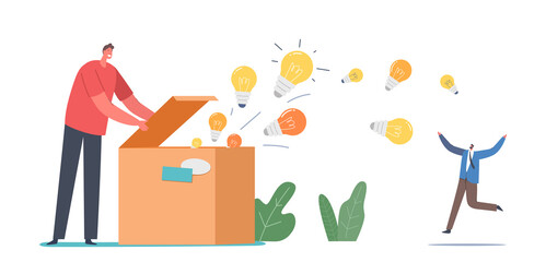 Knowledge, Ideas Spreading, Education, Insight Concept. Male Character Open Huge Box with Glowing Light Bulbs Flying Out