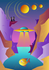 Futuristic landscape. Planets. UFO. Rocks. People on the rock. ocean. Fish. Colorful background. Vector illustration.