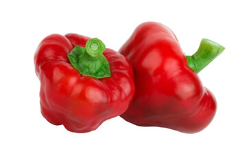 Red raw bell peppers, white background