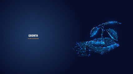 Abstract 3d hands holding soil with sprout. Digital vector wireframe of plant in dark blue. Growth, environment, nature, ecology concept. Polygonal mesh with dots, lines, shapes and glowing stars  © AntonKhrupinArt