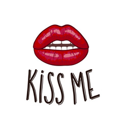 Lips Kiss and hand lettering text Kiss Me. Romantic background with red lip shape. Print, Greeting card or poster design template. Vector illustration. Isolated on white