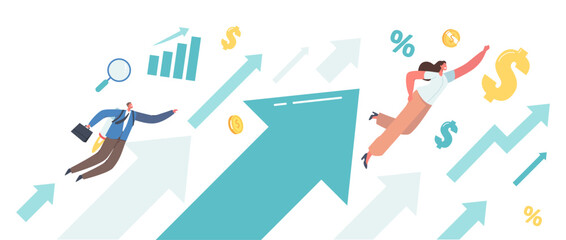 Business Growth, Financial Competition Concept. Business People Characters Flying to Financial Success with Rising Arrow