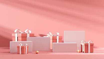 Minimal abstract product background for Valentine and Christmas, Podium with pink gift box on pink background. 3d render. stage for product design.