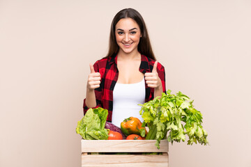 Farmer with freshly picked vegetables in a box isolated on beige background giving a thumbs up gesture