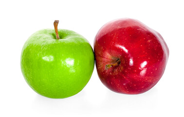 Green and red apple on white background