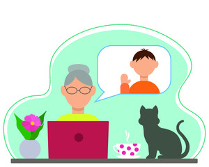 Grandmother sits at a table with a laptop, she communicates with her grandson on the Internet, on the table: a flower, a cup of tea and a cat