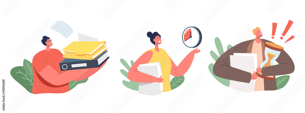Poster set of icons business characters stressed with urgent work. businesswoman with folder pointing on cl