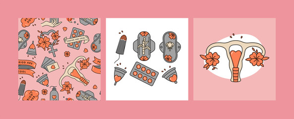 Vector linear illustration set of feminine hygiene products. Zero waste protection for woman in critical days. Menstrual period. Pills, pads, tampon and cups.