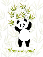 A cheerful Chinese beautiful panda holds bamboo branches in its paws. Cute bear for fashion prints on cups, pillows, clothes. 