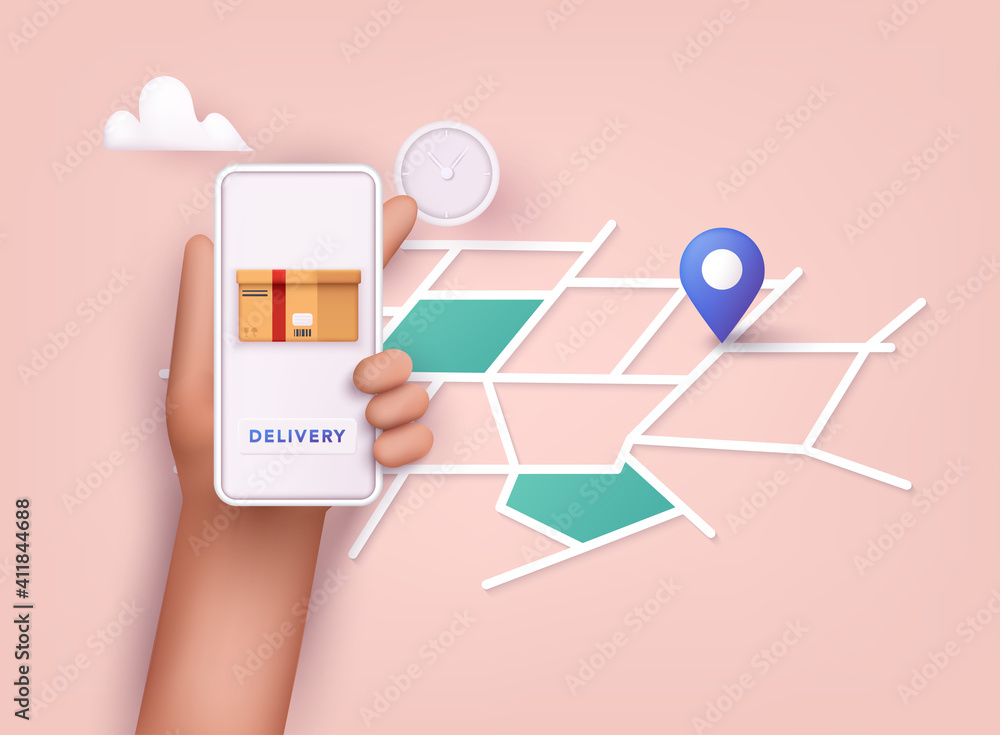Aufkleber hand holding mobile smart phone with app delivery tracking. vector modern flat creative info graphic