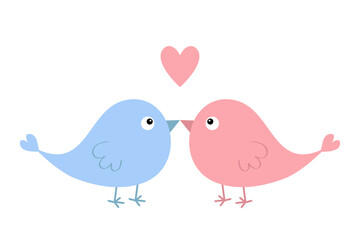 Two bird couple. Cute heart. Pink and blue color. Love Greeting card. Happy Valentines Day. Sticker print. Cartoon kawaii funny baby character. Flat design. White background. Isolated.
