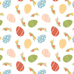 Happy Easter seamless pattern with decorated various ornaments of eggs on white background and blooming flowers. Festive print or web design. Flat vector for spring religious holiday Paschal.
