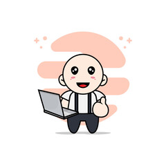 Cute geek boy character holding laptop.