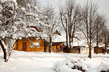 picturesque historical architecture of Lanckorona village in southern Poland during snowstorm