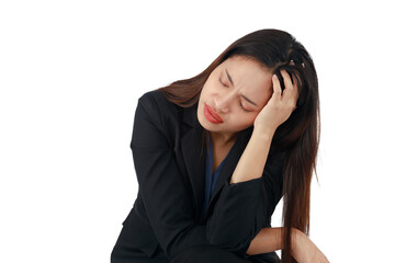 Isolated of long hair beautiful businesswoman sitting on chair strain and headache on white background.