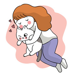 Woman hug cat hand draw cartoon cute vector.