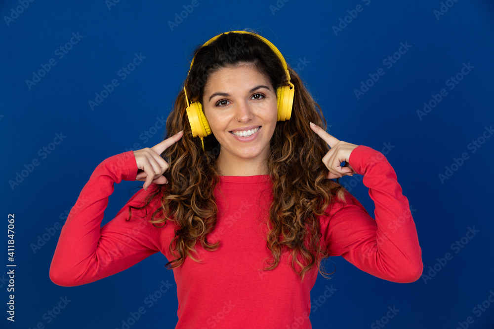 Poster portrait of beautiful caucasian girl with curly hair