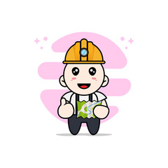 Cute geek boy character wearing construction worker costumes.