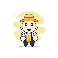 Cute geek boy character holding a glass of beer.