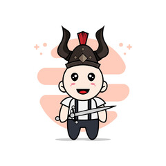 Cute geek boy character wearing gladiator costume.