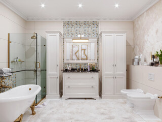 Modern bathroom interior with tiled walls and floor. 3d rendering