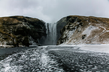 Winter landscape in Skogafoss Waterfall, Iceland, Northern Europe