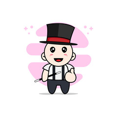 Cute geek boy character wearing magician costume.