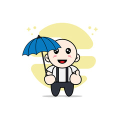 Cute geek boy character holding a umbrella.
