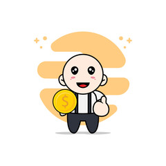 Cute geek boy character holding a coin.