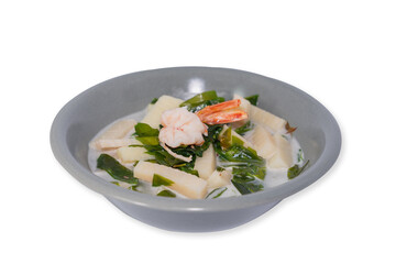 Boiled Coconut milk with baegu Leaves and Fresh Shrimp.