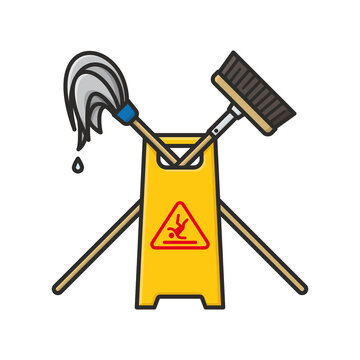 Wet Floor Sign With Crossed Mop And Broom Isolated  Vector Illustration For Custodial Worker Day On October 2