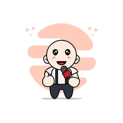 Cute geek boy character holding a microphone.