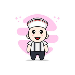 Cute geek boy character wearing nanny costume.