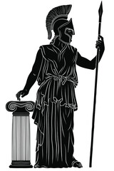 Ancient Greek goddess Pallas Athena in a helmet with a spear in her hand stands next to the column.. Vector illustration isolated on white background.