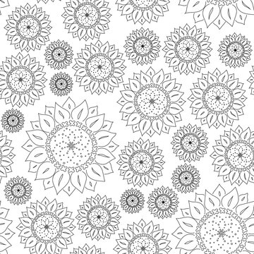 Black and white seamless pattern with stylized sunflowers.  Vector repeating background for fabric print or wallpaper. Black flowers on white backdrop.