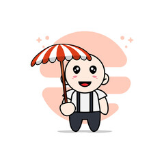 Cute geek boy character holding a umbrella.
