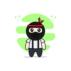 Cute geek boy character wearing ninja costume.