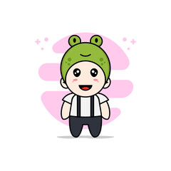 Cute geek boy character wearing frog costume.