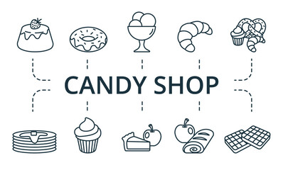 Candy Shop icon set. Collection contain apple, strudel, pancake, oven, sack, bakery and over icons. Candy Shop elements set.