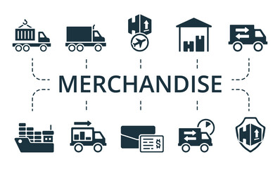 Merchandise icon set. Collection contain pack of pixel perfect creative icons. Merchandise elements set.